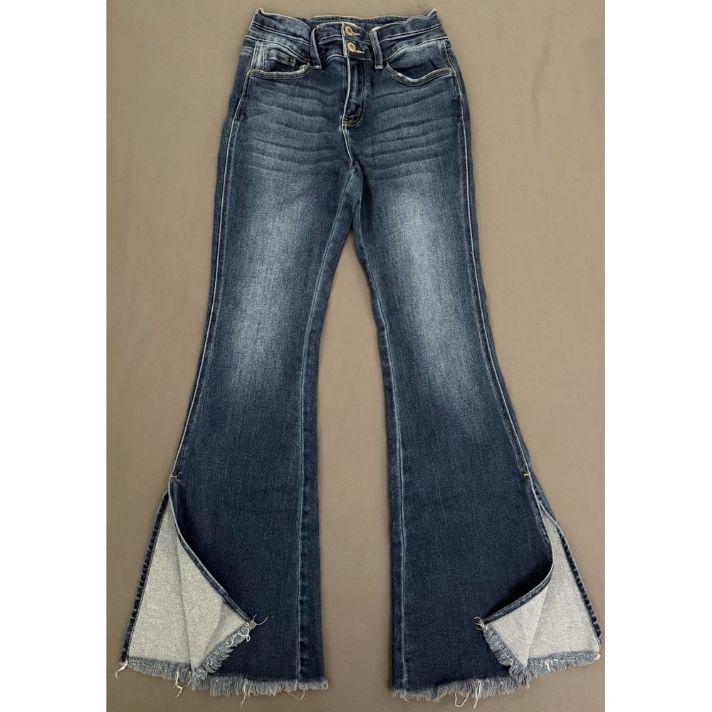 KanCan Flare Jeans Womens Size 26 High Rise Dark Wash Fringe Hem Stretch Boho